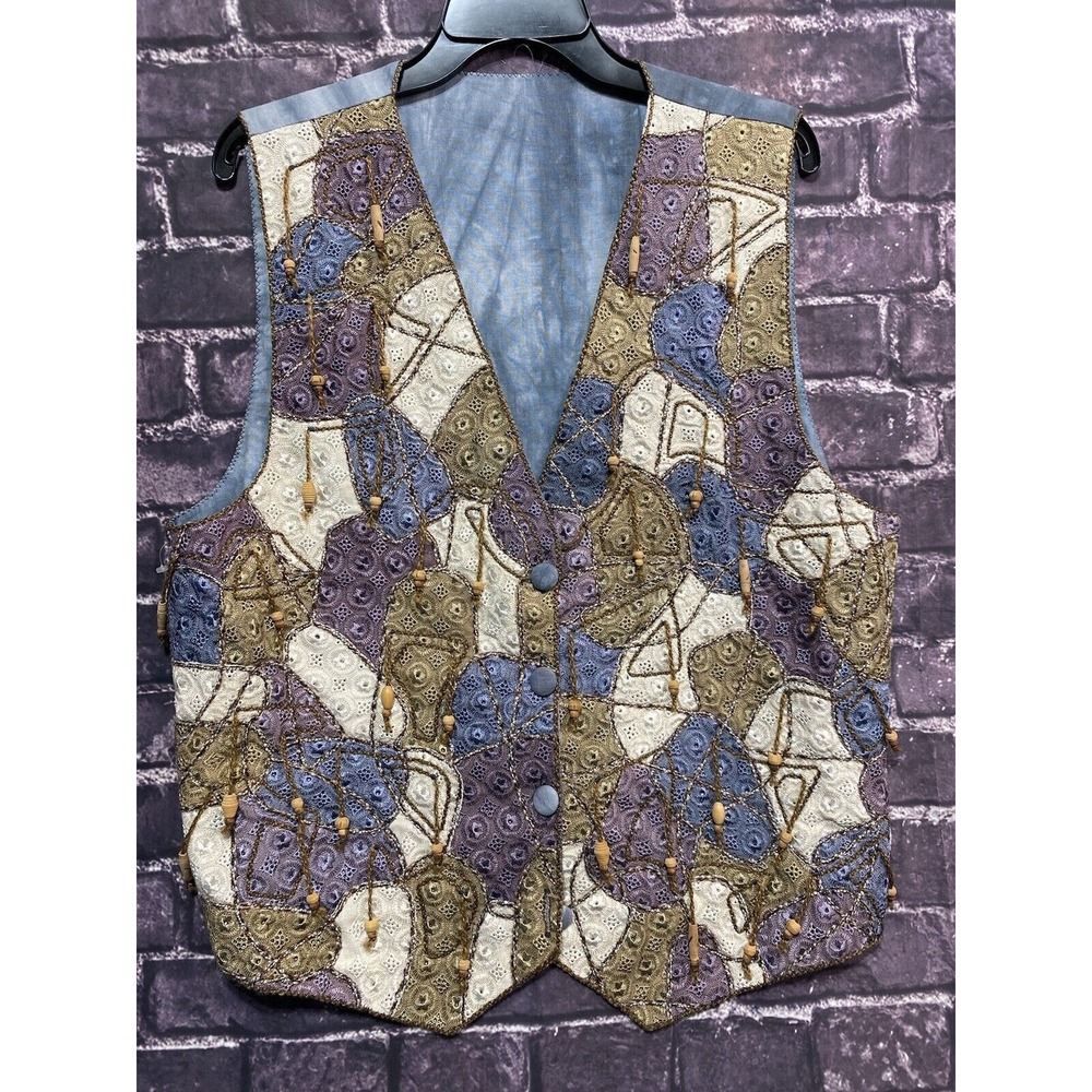 VTG Crochet Beaded Vest Art 2 Wear Purple Blue Brown Hippie Boho Western Tie Dye
